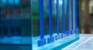 游泳池 (奖杯纪念碑). 2016. 蓝色和半透明的大规模压克力圬工铺墙砖及地砖. 照片: 弗 Lamenha.