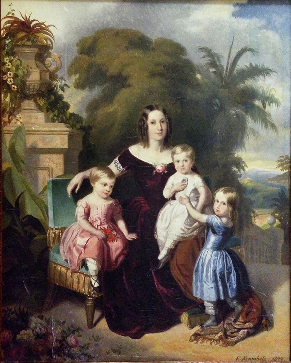 The Empress of Brazil and her three young children on a trip to São Cristóvão Park, in Rio de Janeiro, 1849. Only work portraying D. Pedro III before he passed away. Ferdinand Krumholz, Oil on canvas. Private Collection. FerdiFerdinand Krumholzlic domain, via Wikimedia Commons.
