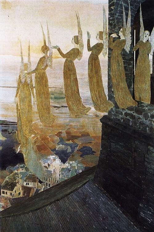 Symbolism style painting. Bells at Dusk, 1891, Carlos Schwabe. Oil on canvas. Museu Nacional de Belas Artes / RJ.